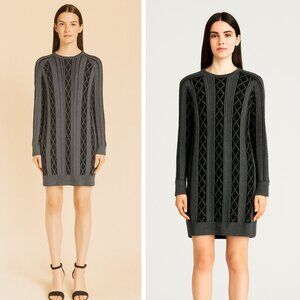 NEW ATM Cable Knit Sweater Dress Black Black & Grey Metallic Preppy Fall Layer